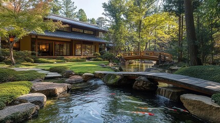 A quiet ryokan garden with a koi pond, stone bridges, and blooming azaleas, showcasing the heart of Japanese hospitality