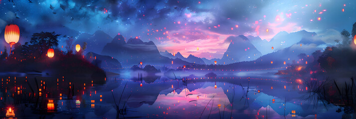 Ethereal Twilight Dreamscape with Glowing Lanterns and Celestial Sky Over Iridescent Lake