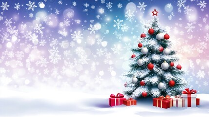 Snowy Christmas tree with gifts.