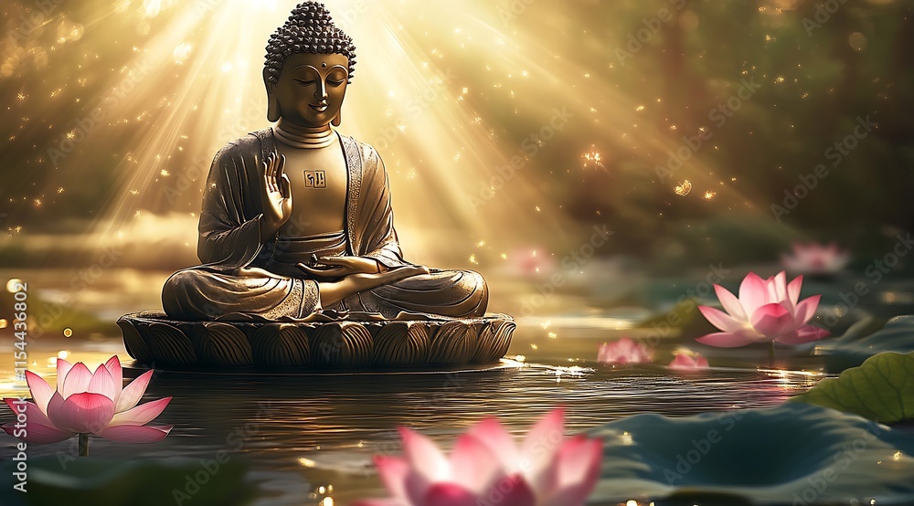 Poster serene bronze buddha statue in illuminated pond surrounded by lotus : generative ai