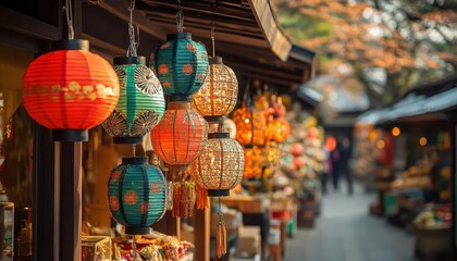 A street market in Kyoto with intricate paper lanterns and traditional stalls offering unique crafts and local cuisine, rich and vibrant