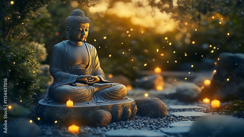 Poster tranquil zen buddha statue surrounded by candlelight and glowing ambiance in serene nature setting :