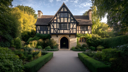 Obraz premium Charming Tudor manor in Oxford England with half-timbered walls and an arched entryway