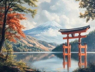 Obraz premium A tranquil Lake Ashi view with a red torii gate in the foreground and Mount Fuji in the background, bathed in soft morning light