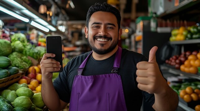 Smiling Grocery Store Worker with Smartphone Giving Thumbs Up : Generative AI