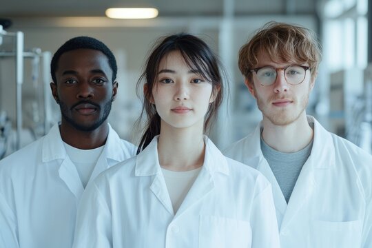 Three diverse young scientists in lab coats stand shoulder to shoulder, representing diversity in STEM.