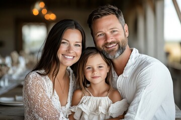 Smiling family poses together in a cozy rustic setting adorned with natural light and charming decor