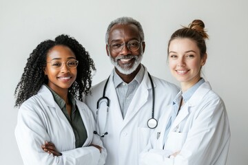 Fototapeta premium Three diverse doctors, a man and two women, stand together, smiling confidently in their white coats.