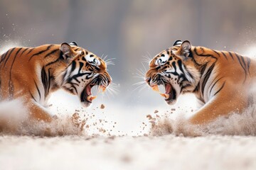 Obraz premium Two fierce tigers engage in an intense battle in a sandy landscape at dawn