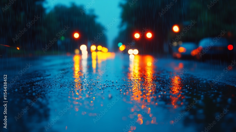 Poster city street in the rain with bokeh lights creating urban atmosphere : generative ai