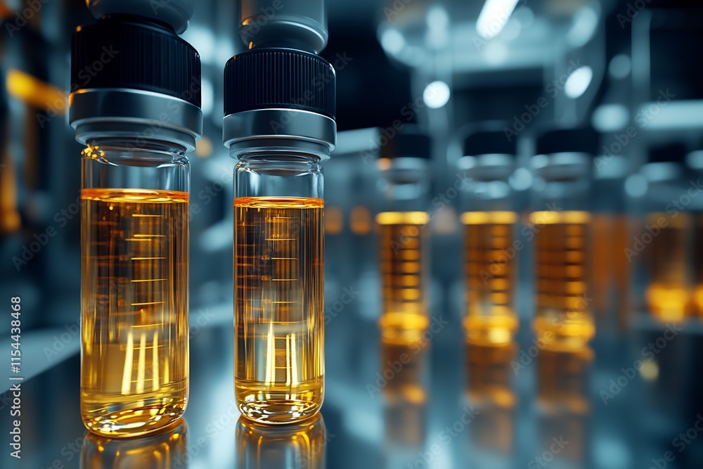 Poster scientific research laboratory with closeup of glowing solution in test tubes : generative ai