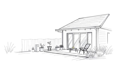 Backyard garden of the house in the evening dusk time, sunset, scenic view