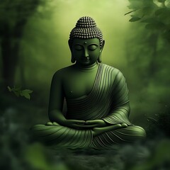 Tranquil Green Buddha Sitting in Meditation Surrounded by Forest Environment : Generative AI