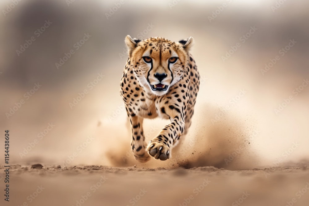 Poster cheetah running swiftly across a dusty plain during the golden hours of dawn