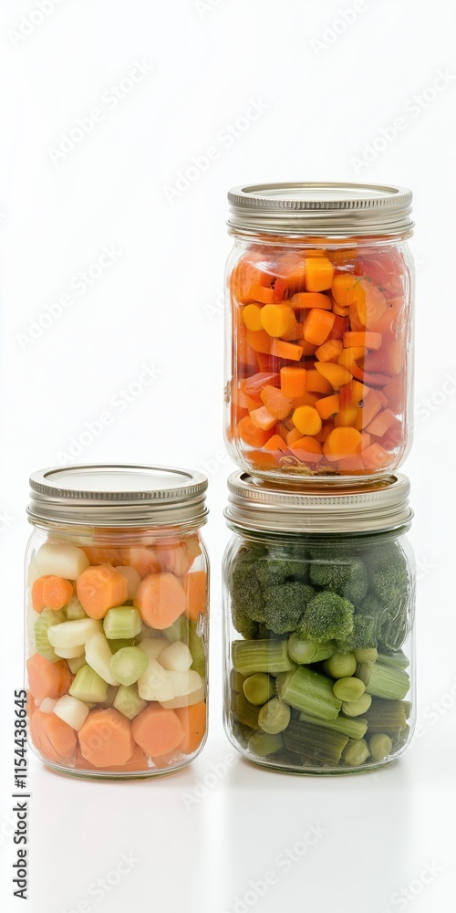 Poster three glass jars filled with vegetables, including carrots, broccoli, and celery. the jars are stack