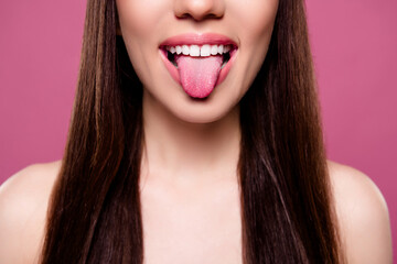 Cropped photo of tempting teasing woman naked shoulders stick out isolated pink color background