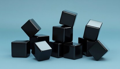 Stack of glossy black cubes on blue background.