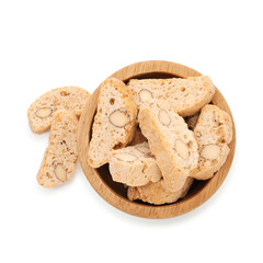 Traditional Italian almond biscuits (Cantucci) in bowl isolated on white, top view