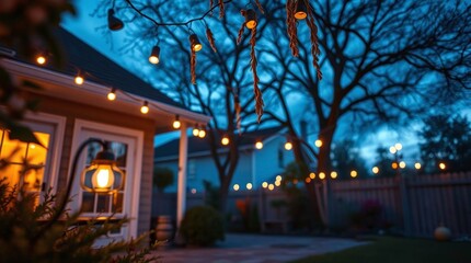 Fototapeta premium Backyard garden of the house in the evening dusk time, sunset, scenic view