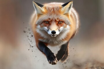 Fototapeta premium Fox running through the forest with a determined expression and swift movement