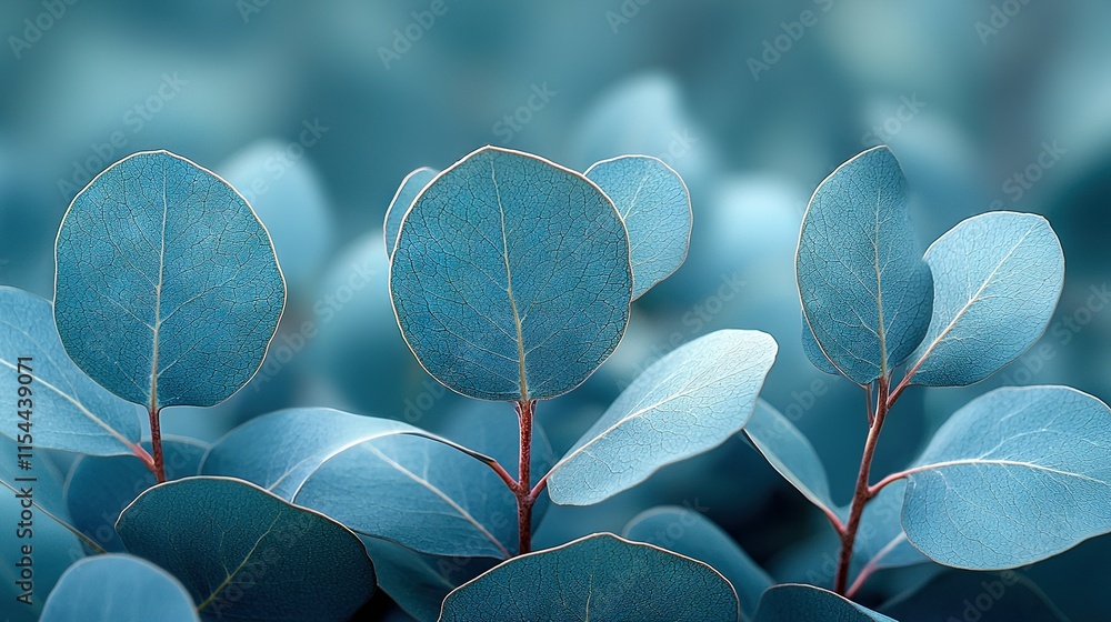 Poster a sharp focus on a cluster of leaves on a plant, with a hazy background of the leaves surrounding it