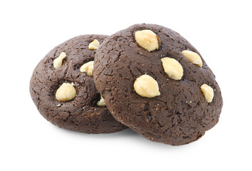 Tasty chocolate cookies with hazelnuts isolated on white