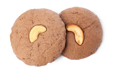 Tasty chocolate cookies with cashew isolated on white, top view