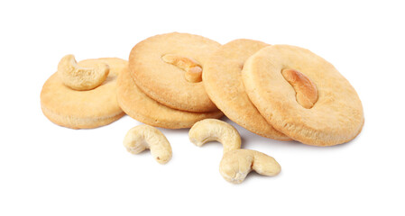 Tasty cashew cookies and nuts isolated on white