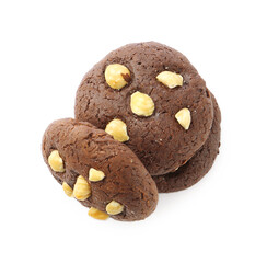 Tasty chocolate cookies with hazelnuts isolated on white, top view