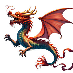 Naklejka premium Vibrant dragon with whimsical features and intricate scales in flight, digital illustration of fantasy creature design concept.