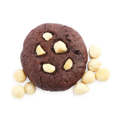 One tasty chocolate cookie with hazelnuts isolated on white, top view