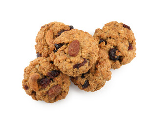 Delicious oatmeal cookies with dried cranberries and nuts isolated on white, top view