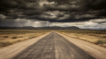 Fototapeta premium Stormy desert road with lightning strikes.