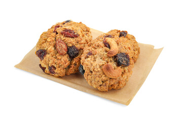 Delicious oatmeal cookies with dried cranberries and nuts isolated on white
