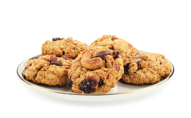 Delicious oatmeal cookies with dried cranberries and nuts isolated on white