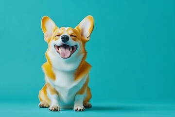 Naklejka premium Smiling Happy Corgi Puppy with Open Mouth and Big Ears Against Blue Studio Background : Generative AI