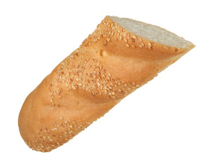 Cut fresh baguette with sesame isolated on white