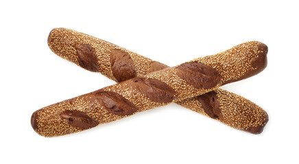 Fresh baguettes with sesame isolated on white, top view