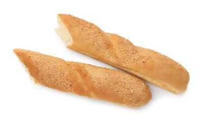 Fresh baguette with sesame isolated on white, top view