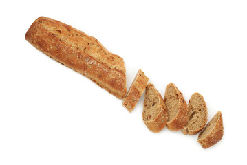 Cut fresh baguette isolated on white, top view