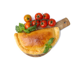 Tasty vegetarian calzone with basil and tomatoes isolated on white, top view