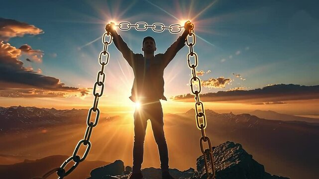 A triumphant individual stands on a mountaintop, breaking chains as a symbol of freedom and strength.