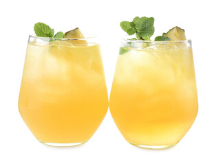 Tasty pineapple cocktail with mint in glasses isolated on white