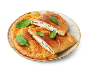 Tasty calzones with basil and cheese isolated on white