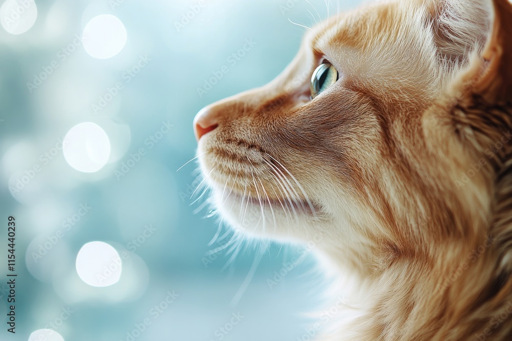 Poster close-up of a ginger cat gazing thoughtfully while illuminated by soft background lights
