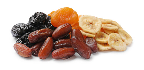 Mix of different dried fruits isolated on white