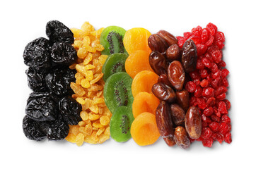 Different dried fruits isolated on white, top view
