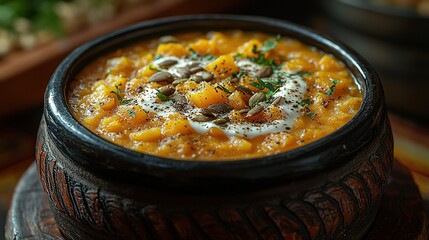   A close-up photo of a bowl of food with two spoons placed next to it