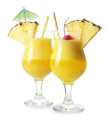 Tasty pineapple cocktail in glasses isolated on white
