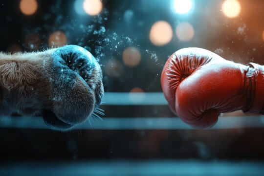 Fists and paws collide in a dynamic boxing match under bright lights